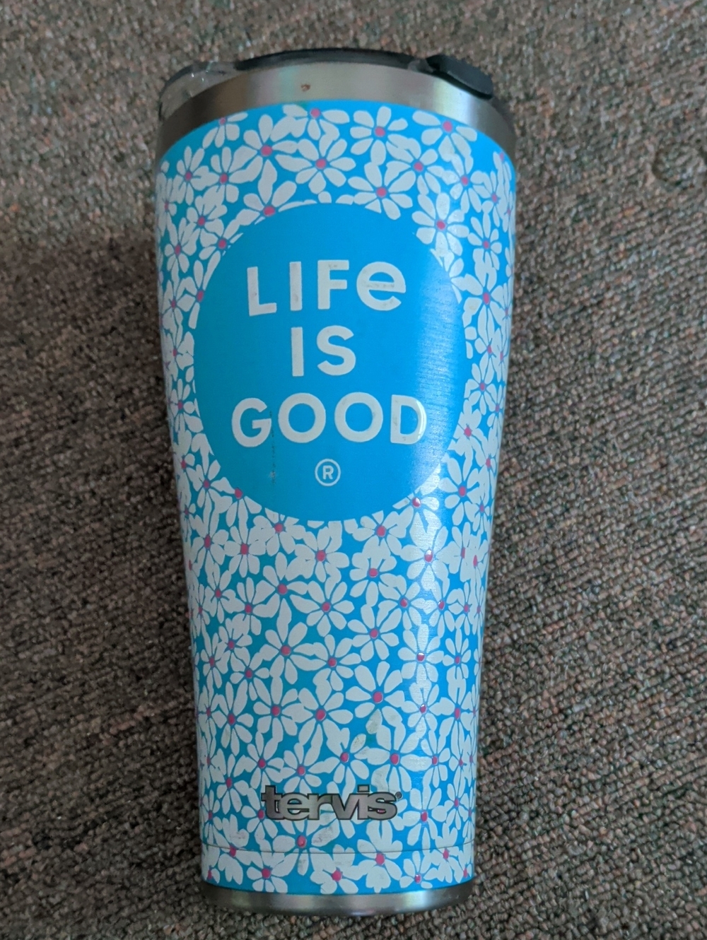 tervis Stainless Blue and White Floral "Life Is Good" Insulated Tumbler Clr Lid